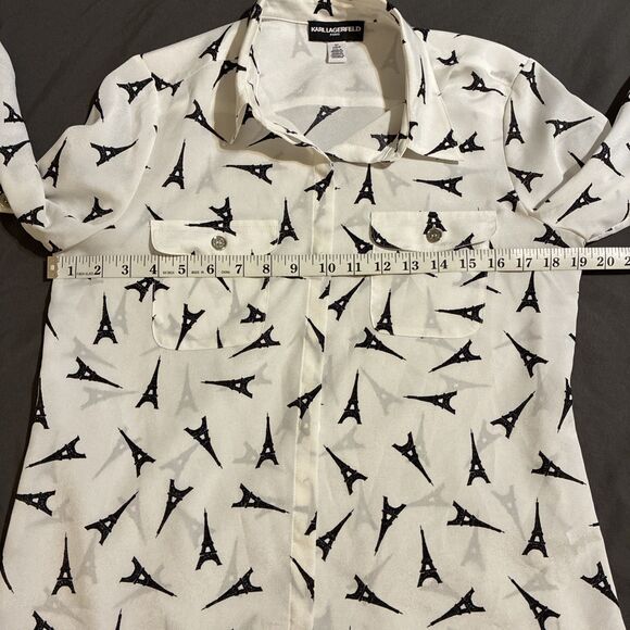 Karl Lagerfeld Paris Women Eiffel Tower Button Blouse Small White Black - Picture 5 of 7